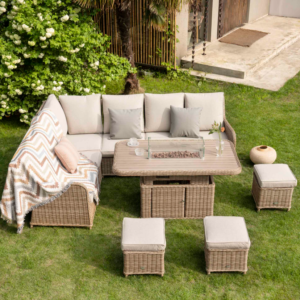 Alternative view of A Hampshire Large Corner Round Wicker Rattan Casual Dining Set with Rising Firepit Table, Natural