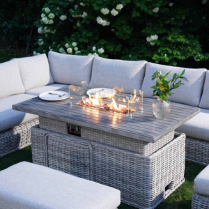 Alternative view of A Bellagio Round Wicker Large Corner Casual Dining Set with Rising Firepit Table, Light Grey